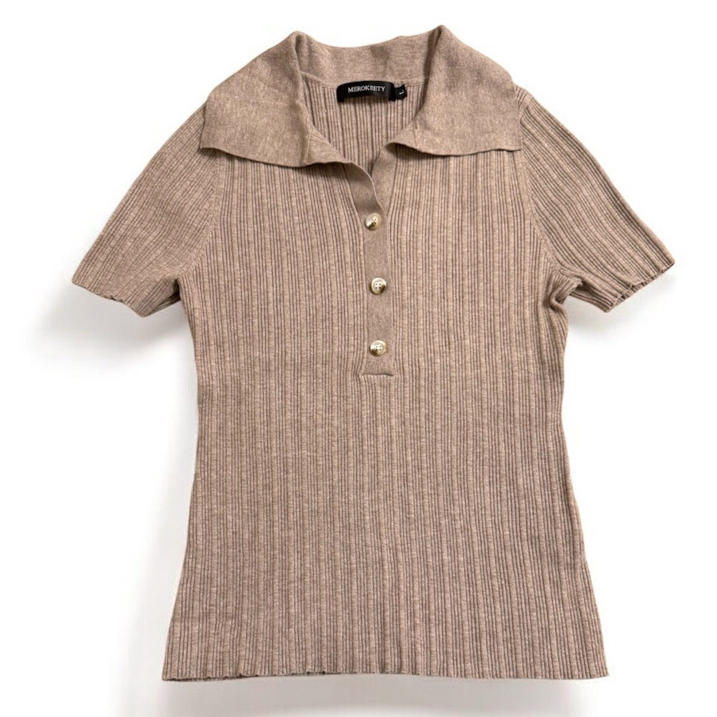 Brown Short Sleeve Knit Top Ribbed Collared Large